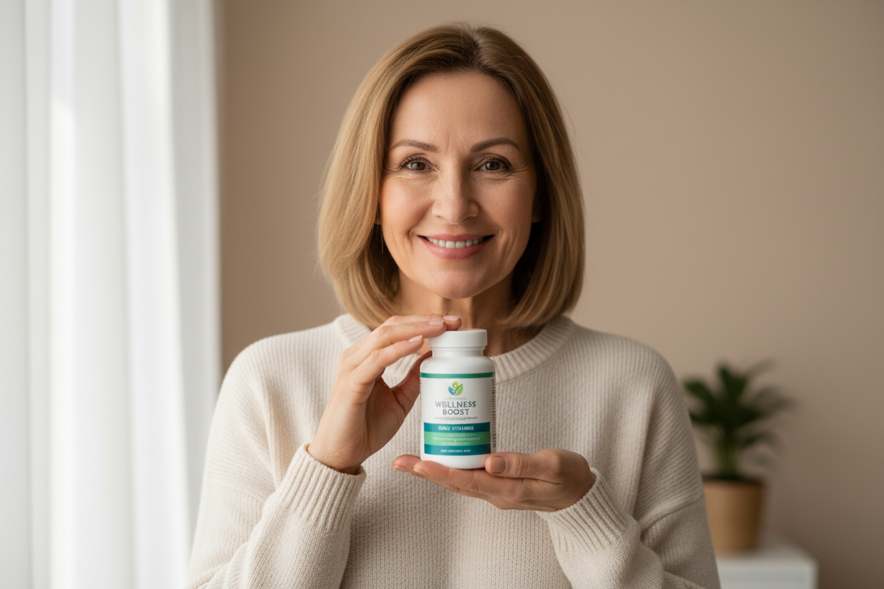 mujer de 50 años mostrando en la mano un frasco de suplemento